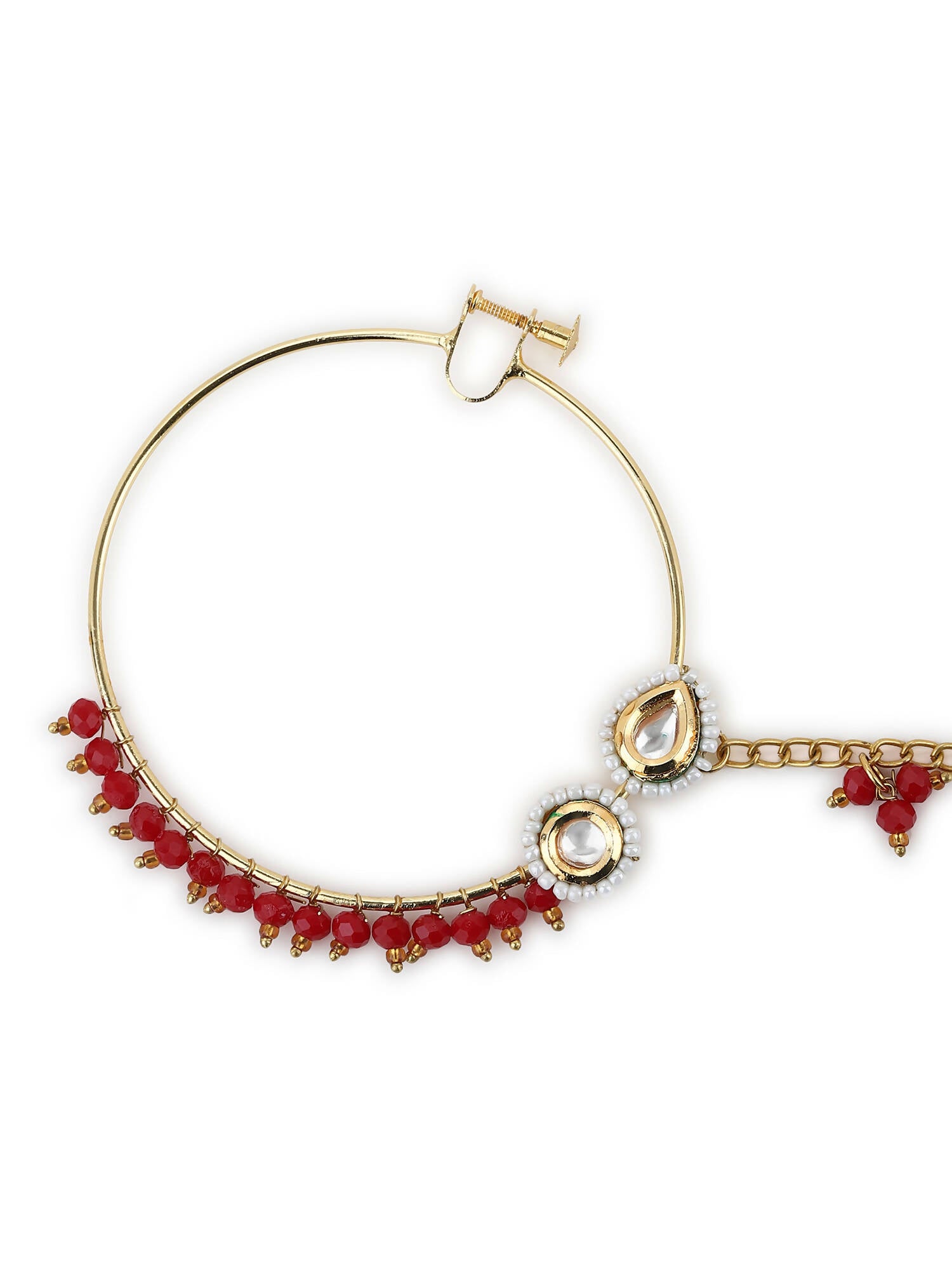Gold-Polished White Red Kundan-Studded Pearl Beaded Nosepin - Ruby Raang | Grab2Buy