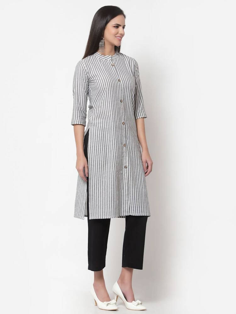 Myshka Women's Grey Cotton Stripe Pattern 3/4 Sleeve Round Neck Grey Kurti | Grab2Buy