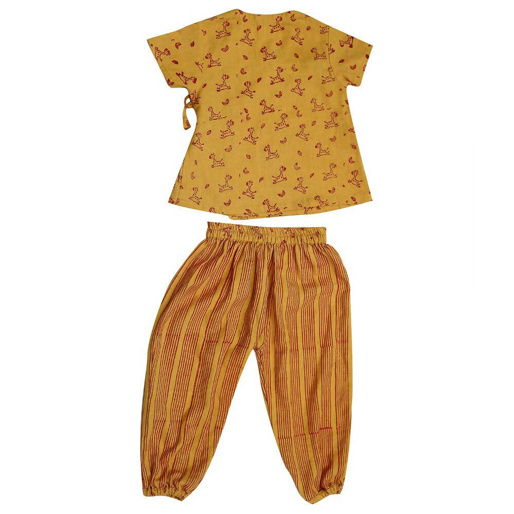 Mhyssa Zeke Half Sleeve Wrap Style Yellow and Red T-shirt With Long Pant Set For Kids | Grab2Buy