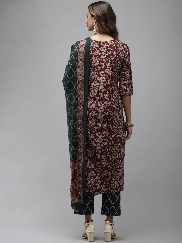 Yufta Women Mauve & Green Ethnic Motifs Printed Sequined Cotton Kurta Set & Dupatta | Grab2Buy