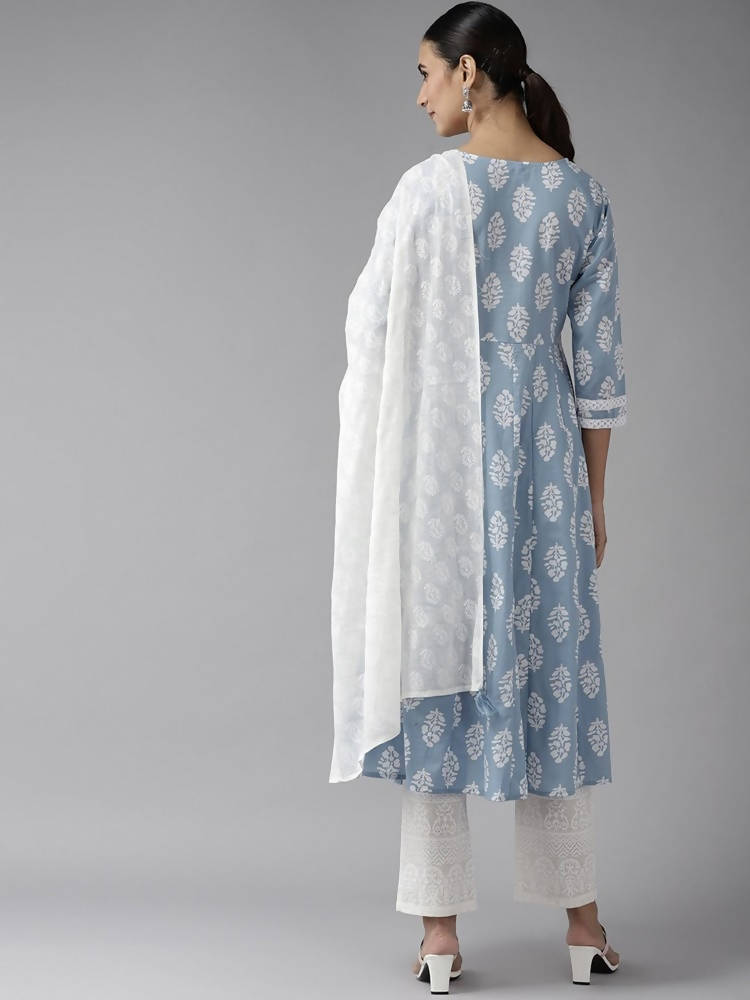 Yufta Blue & White A-Line Dupatta Set | Grab2Buy