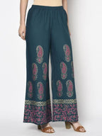 Aniyah Rayon Teal Blue Color Block Print Flared Slip-On Palazzo (AN-222K) | Grab2Buy