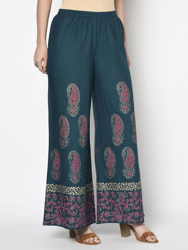 Aniyah Rayon Teal Blue Color Block Print Flared Slip-On Palazzo (AN-222K) | Grab2Buy