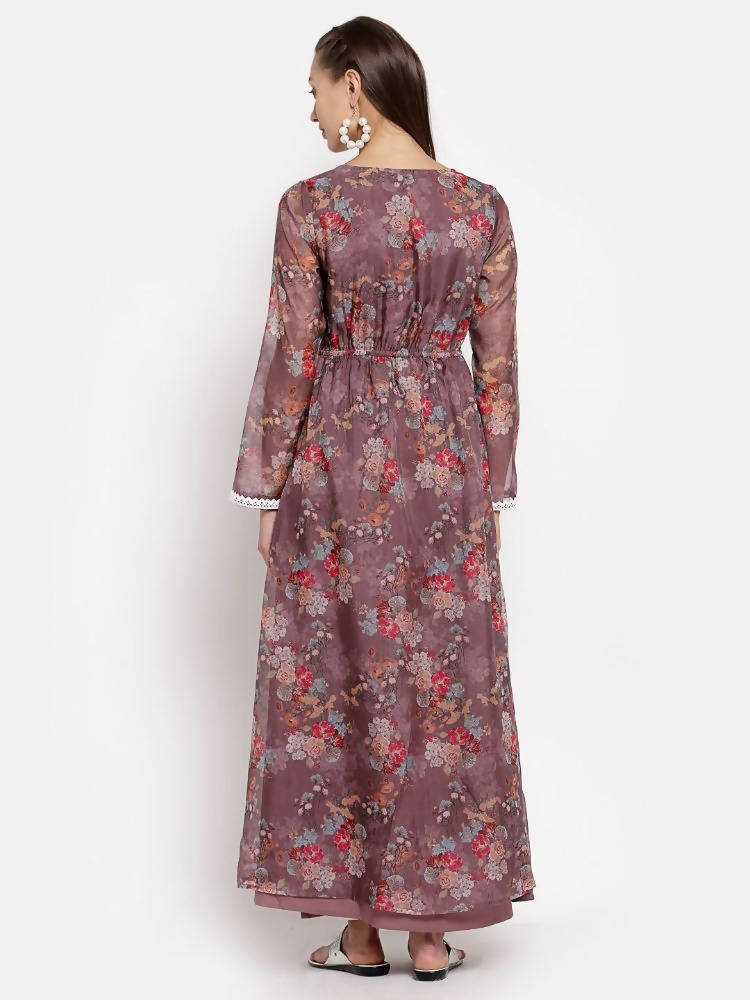 Myshka Women's Multi Organza Printed Full Sleeve Round Neck Casual Maxi Dress | Grab2Buy