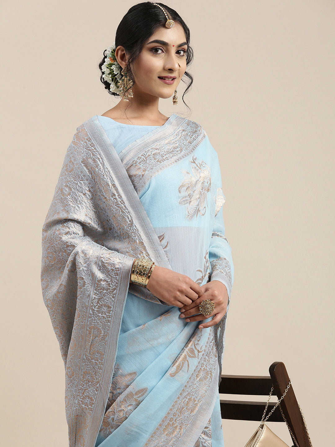 Saree Mall Turquoise Blue Floral Linen Blend Banarasi Saree | Grab2Buy