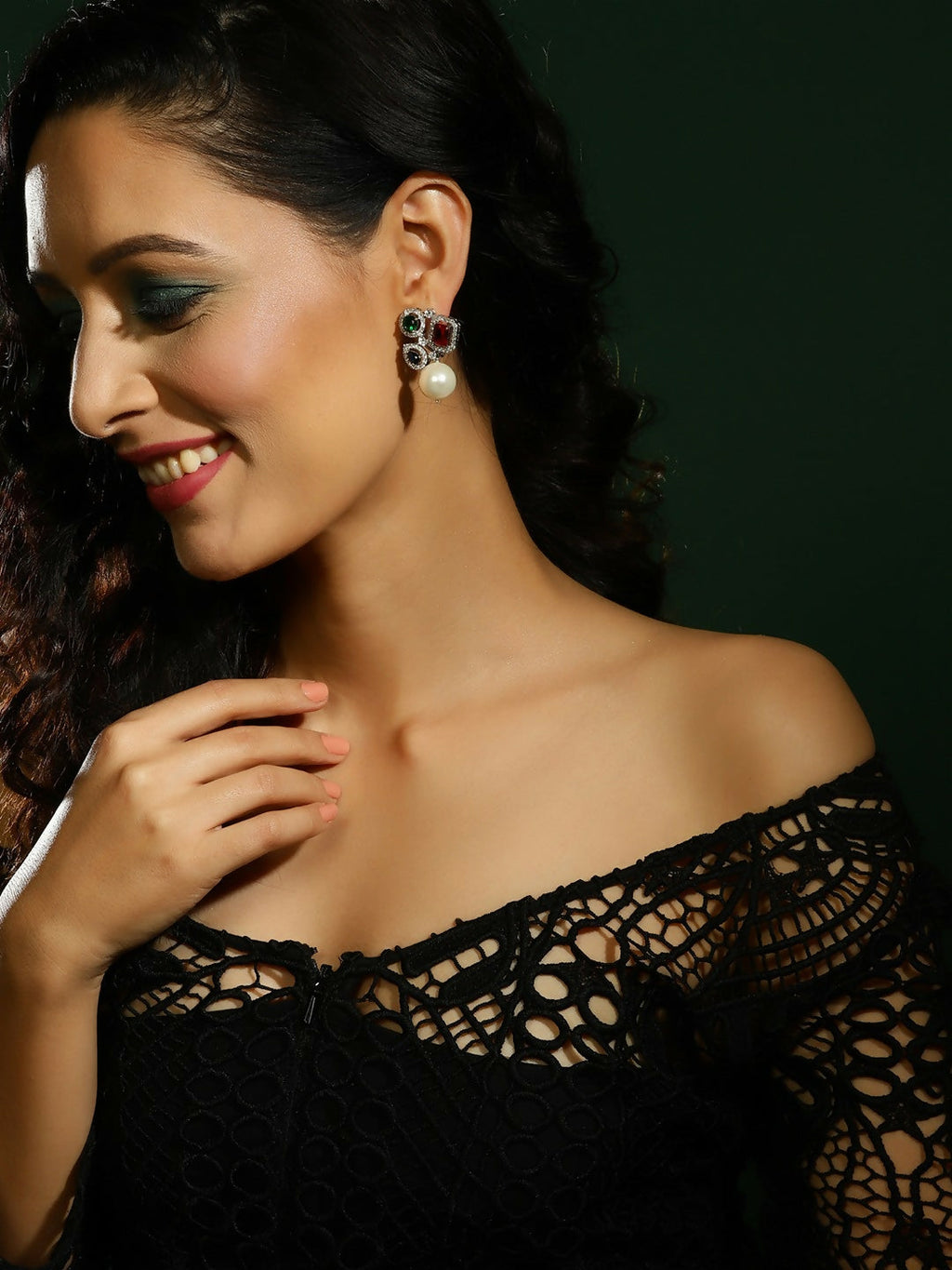 Multi Stone Earrings with Pearls- Ruby Raang | Grab2Buy