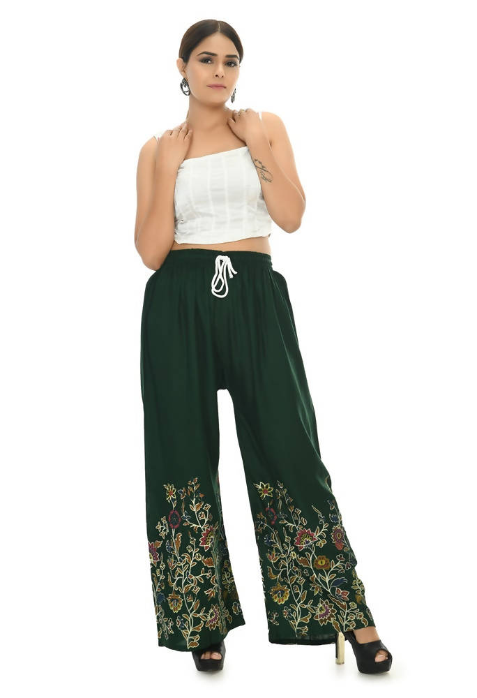Mominos Fashion Moeza Reyon Cotton Bottle Green Floral Palazzo | Grab2Buy