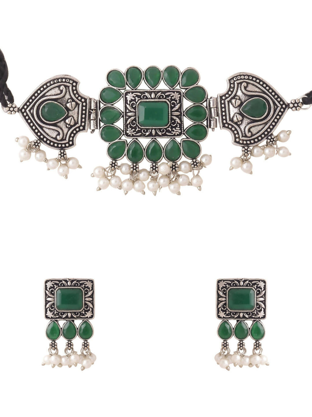 NVR Women's Oxidised Silver Plated Green Color Stone Jewellery Set With Earrings | Grab2Buy