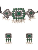 NVR Women's Oxidised Silver Plated Green Color Stone Jewellery Set With Earrings | Grab2Buy