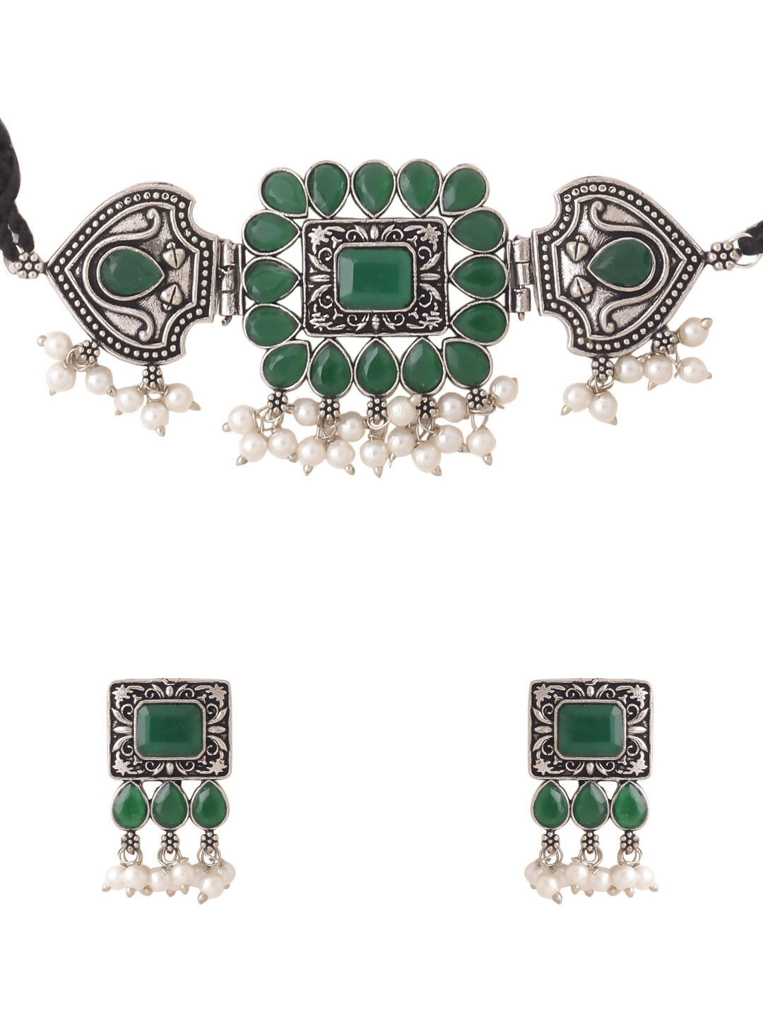 NVR Women's Oxidised Silver Plated Green Color Stone Jewellery Set With Earrings | Grab2Buy