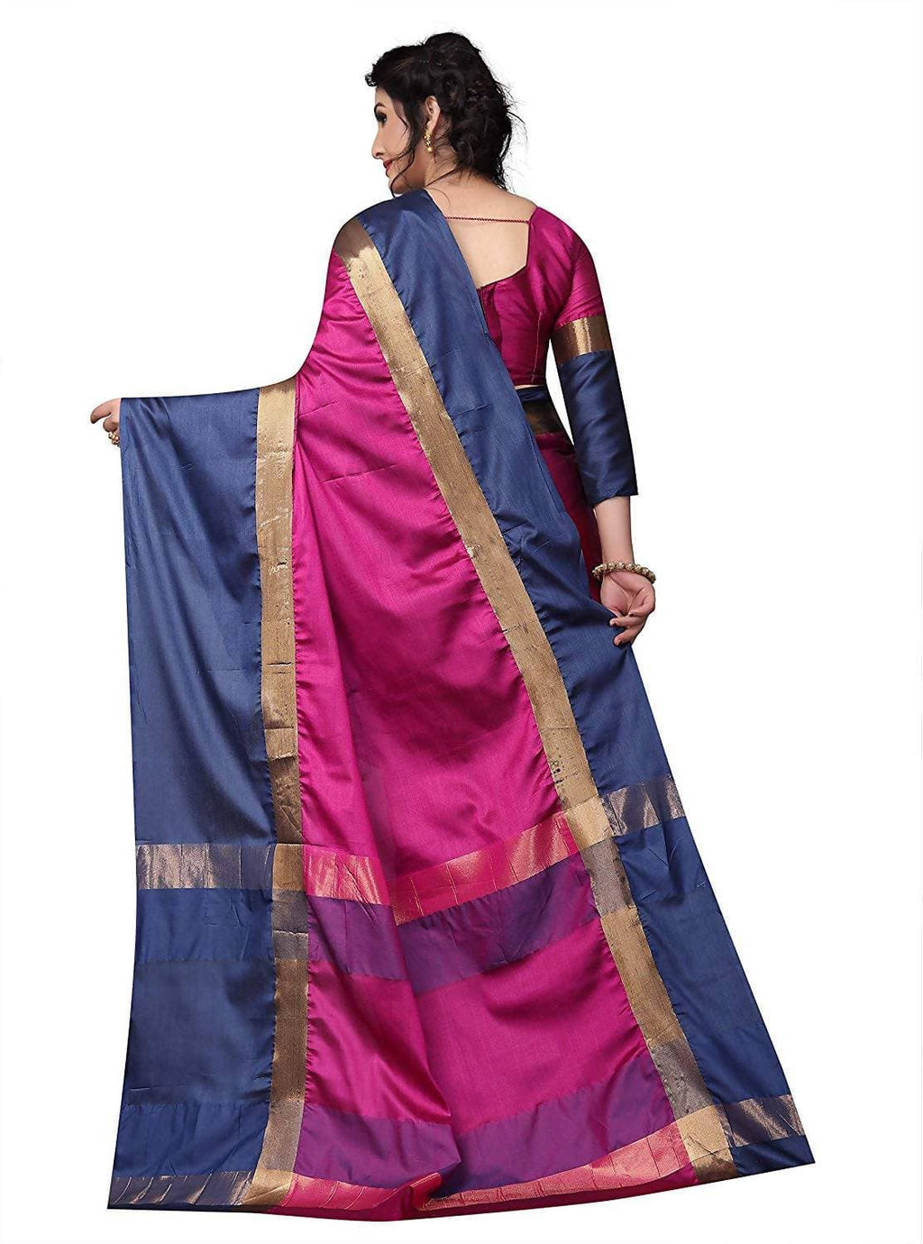 Vamika Pink and Navy Blue Cotton Silk Weaving Saree (Shreeji Pink Blue) | Grab2Buy