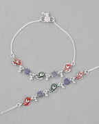 VOJ Set of 2 Silver Plated Designer Multi Color Anklet
