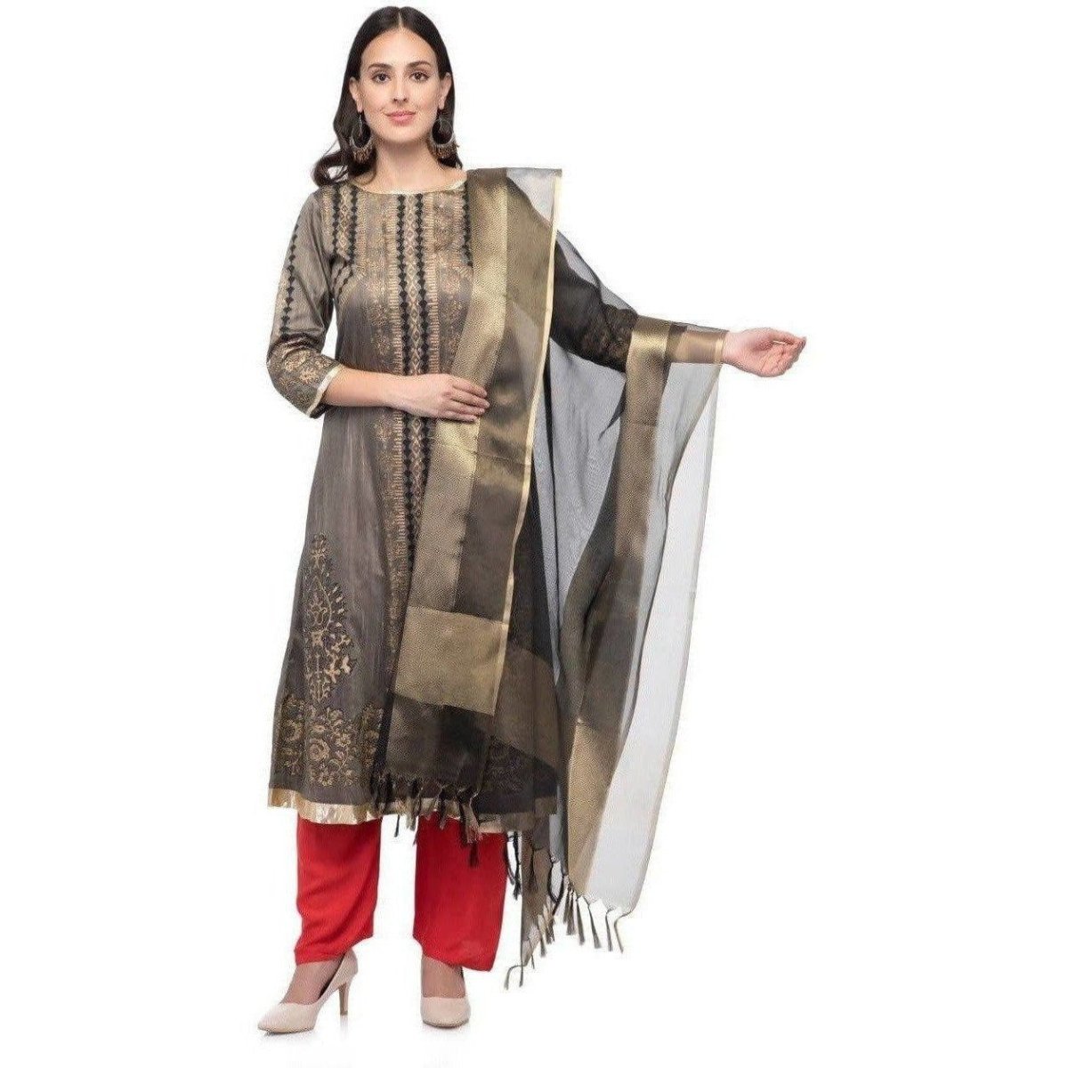 A R Silk Women's Tissue Silk Zari Work Black Regular Dupatta | Grab2Buy