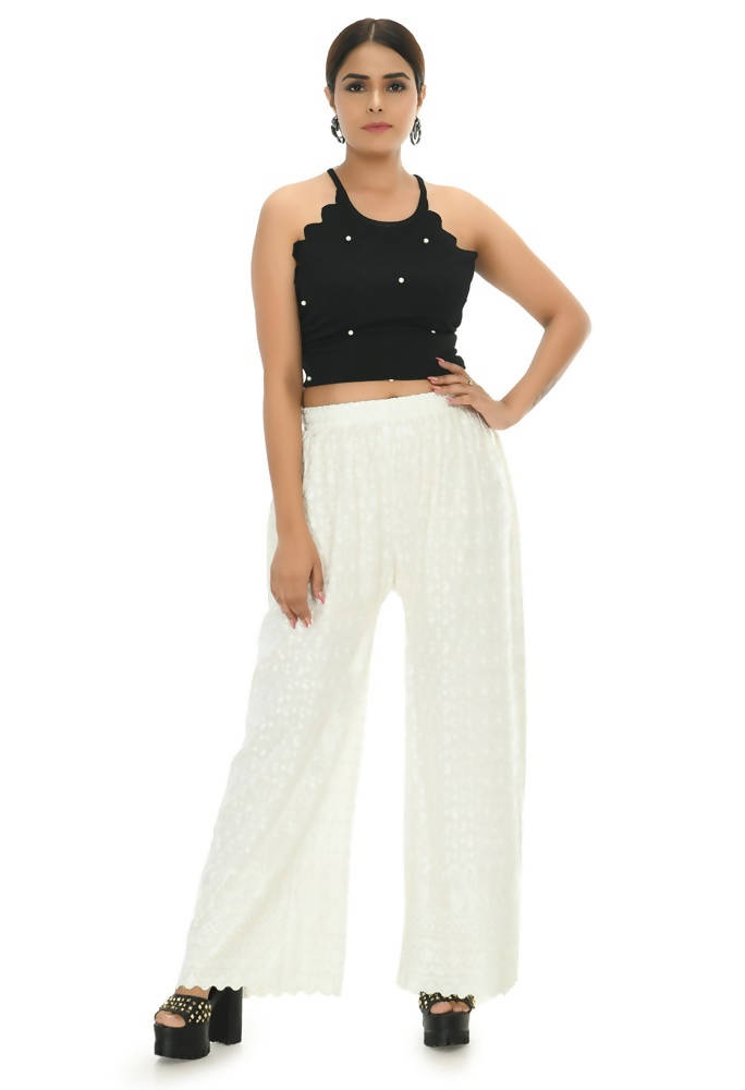 Mominos Fashion Moeza Reyon Cotton White Color Chikan Work Palazzo | Grab2Buy
