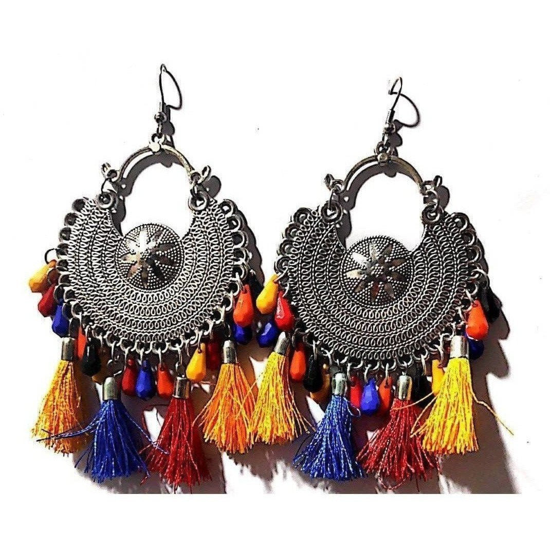 MS Fashion India Heavy Design Silver Toned Chandbali Silk Threads And Beads Multi Colors Earrings | Grab2Buy