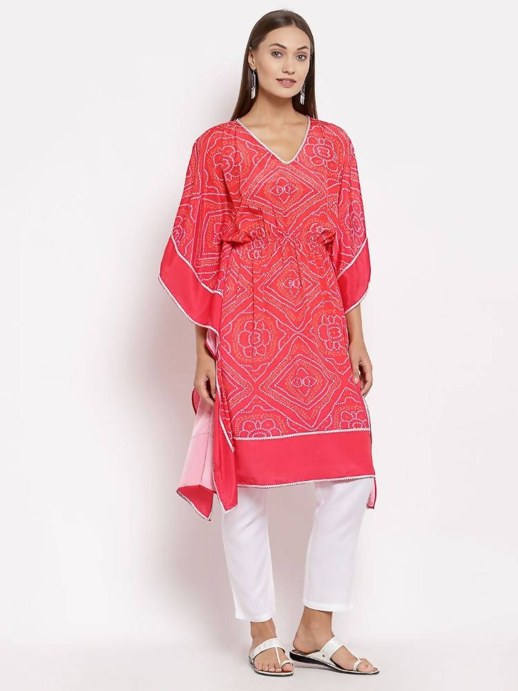 Myshka Women's Pink Cotton Printed 3/4 Sleeve V Neck Casual Kaftan | Grab2Buy