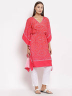 Myshka Women's Pink Cotton Printed 3/4 Sleeve V Neck Casual Kaftan | Grab2Buy