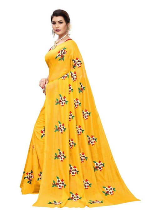 Vamika Chanderi Cotton Embroidery Yellow Saree (Mogra Yellow) | Grab2Buy