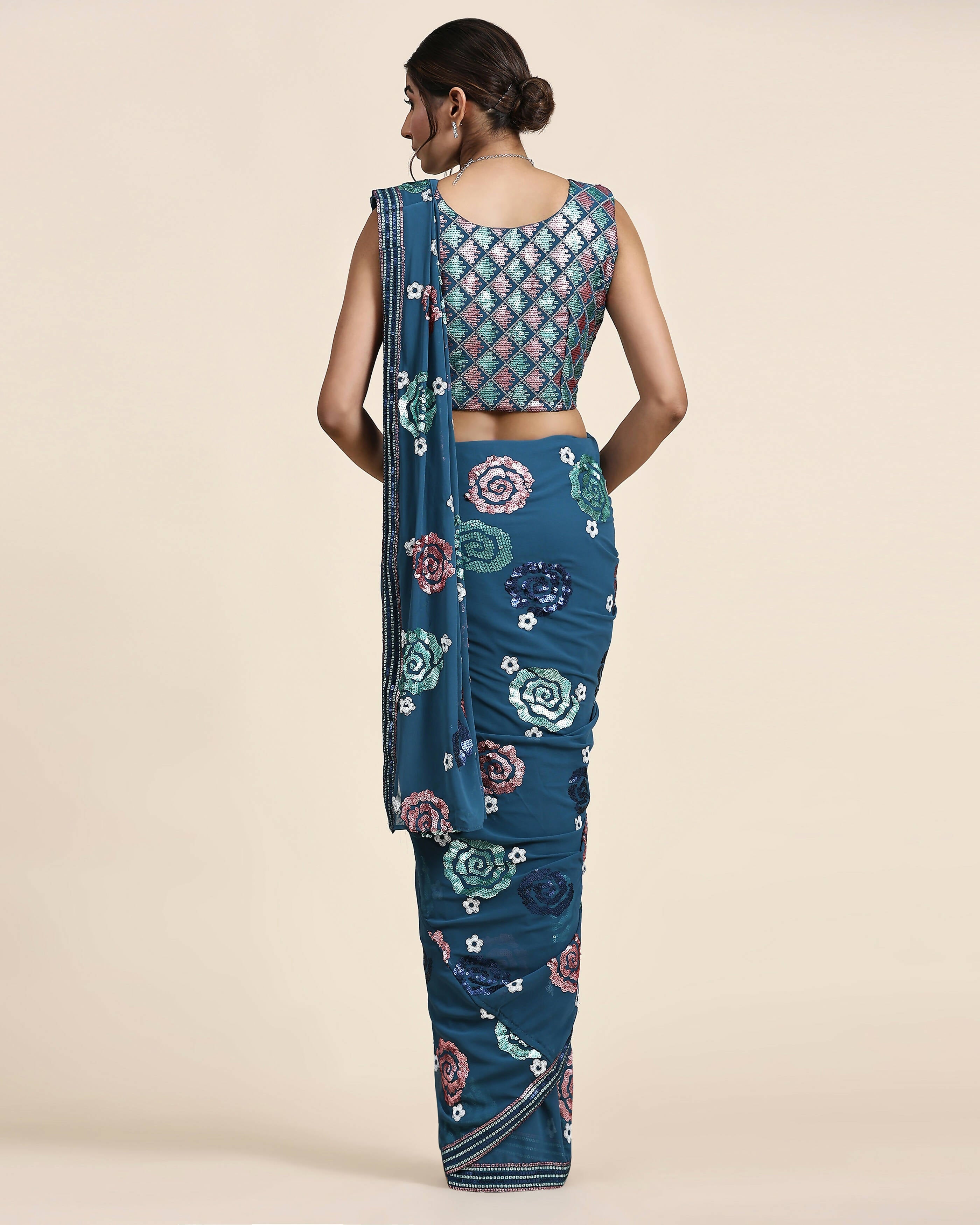 Blue Pure Georgette Sequence work Ready to wear Saree with stitched Blouse - Nirvana | Grab2Buy