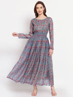 Myshka Women's Multi Printed Organza Full Sleeve Round Neck Casual Maxi Dress | Grab2Buy