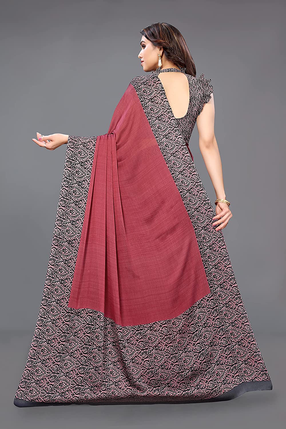 Mirchi Fashion Women's Pink & Black Printed Chiffon Saree | Grab2Buy