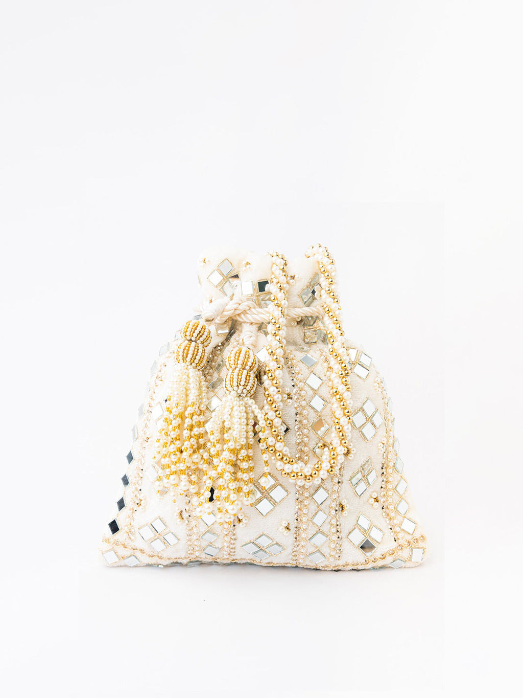 NR By Nidhi Rathi White Mirror Work Embroidered Potli Clutch | Grab2Buy