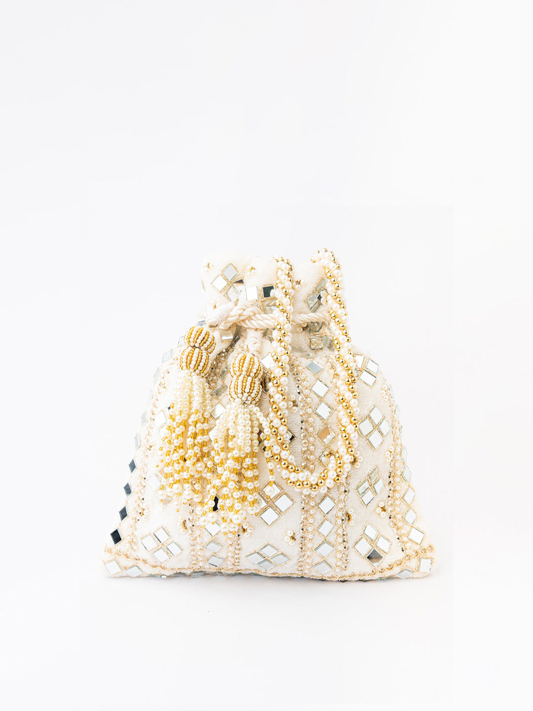 NR By Nidhi Rathi White Mirror Work Embroidered Potli Clutch | Grab2Buy