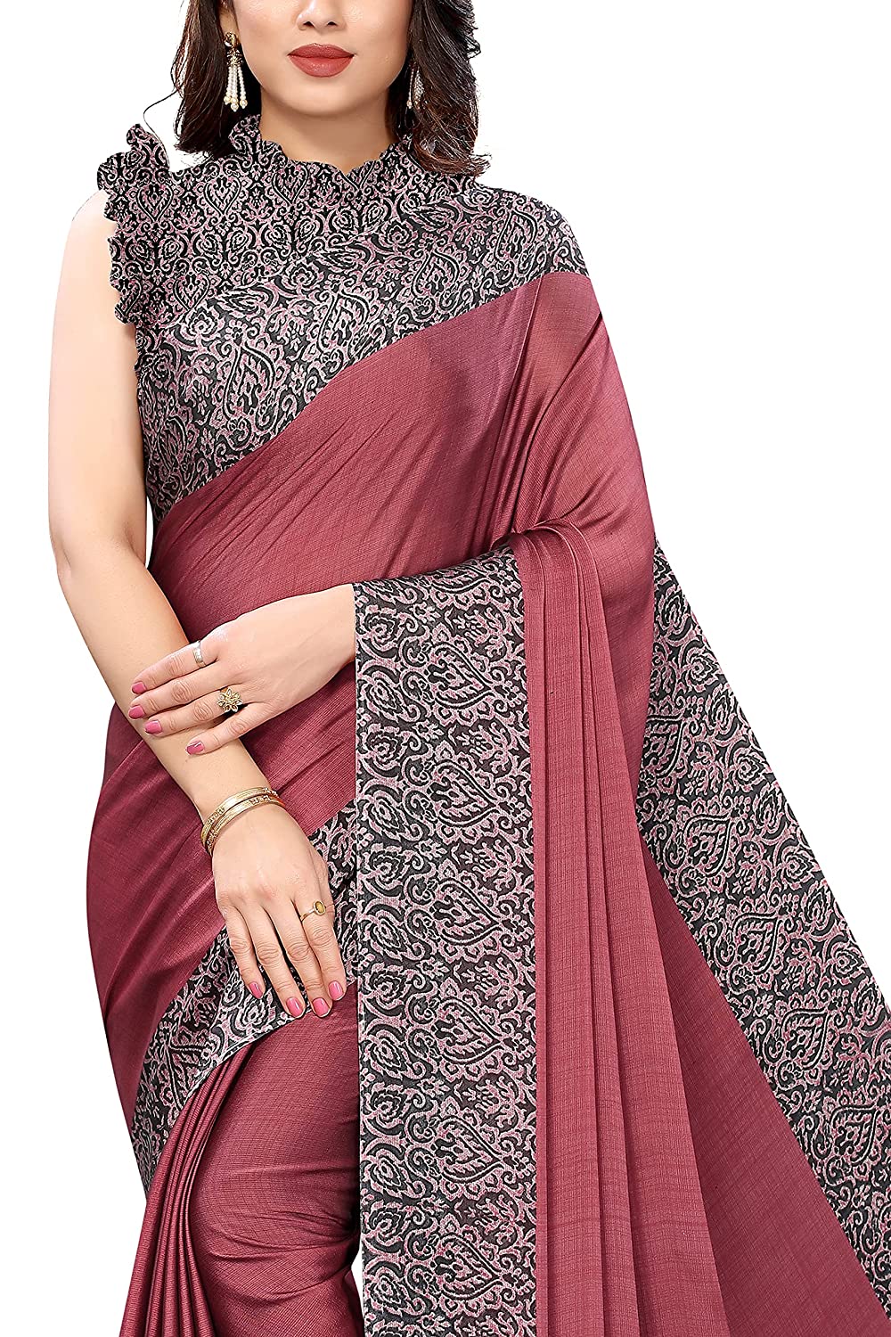 Mirchi Fashion Women's Pink & Black Printed Chiffon Saree | Grab2Buy