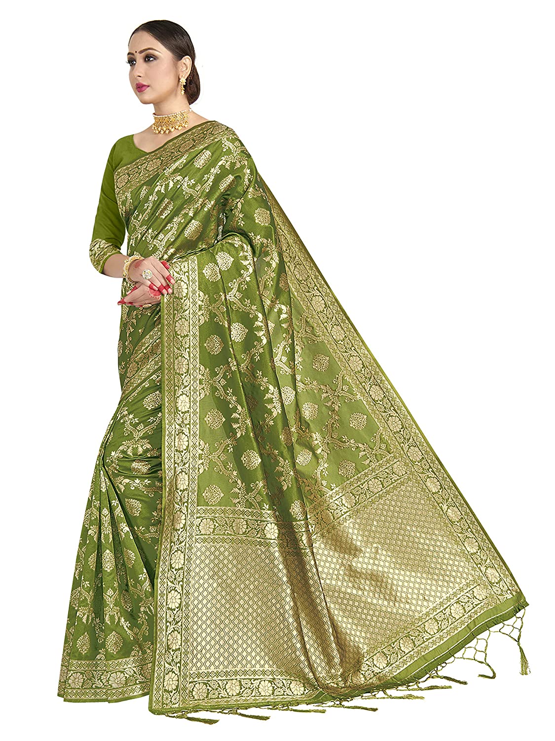 Vardha Women's Olive Green Banarasi Art Silk Saree | Grab2Buy