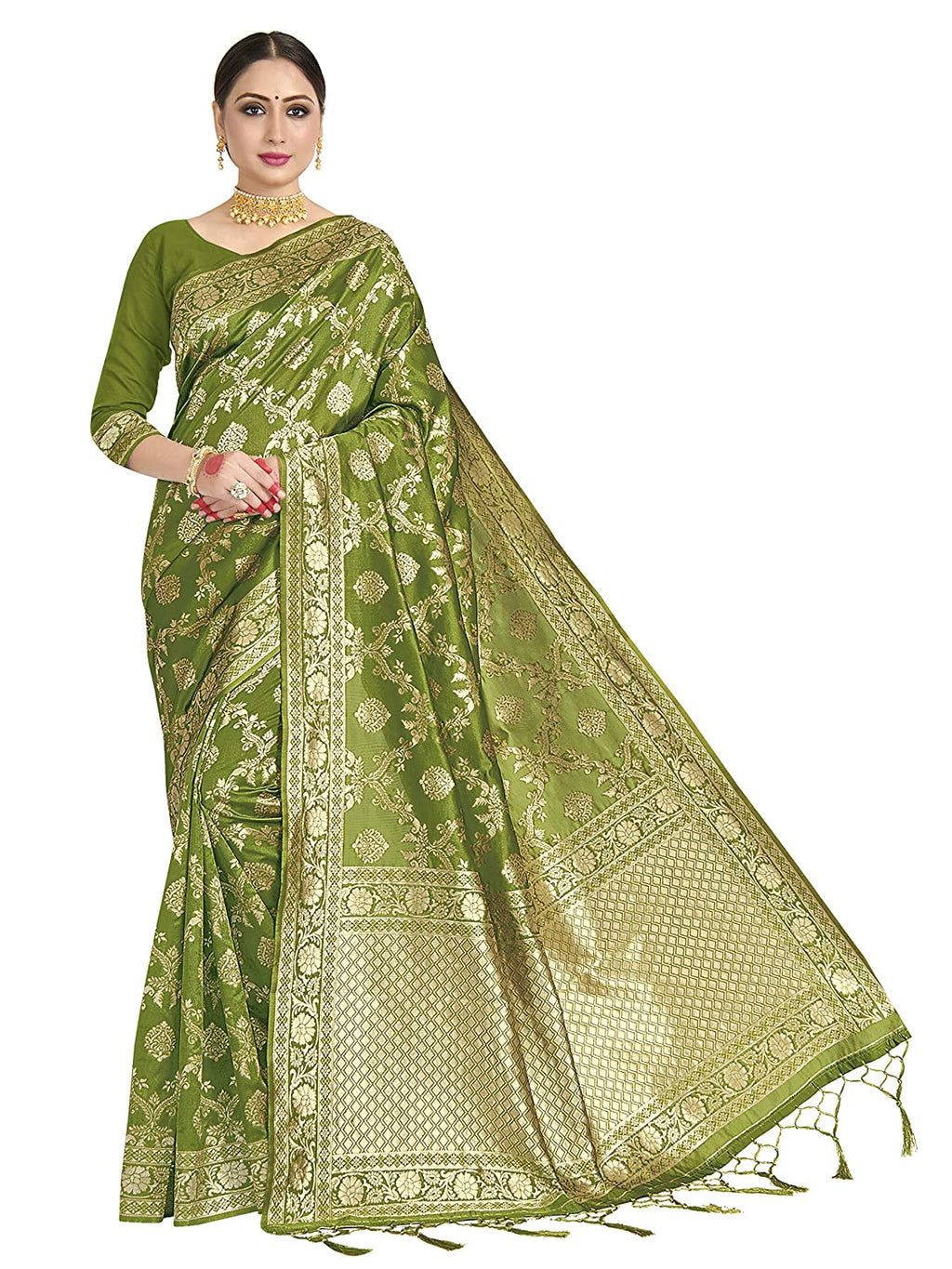 Vardha Women's Olive Green Banarasi Art Silk Saree | Grab2Buy