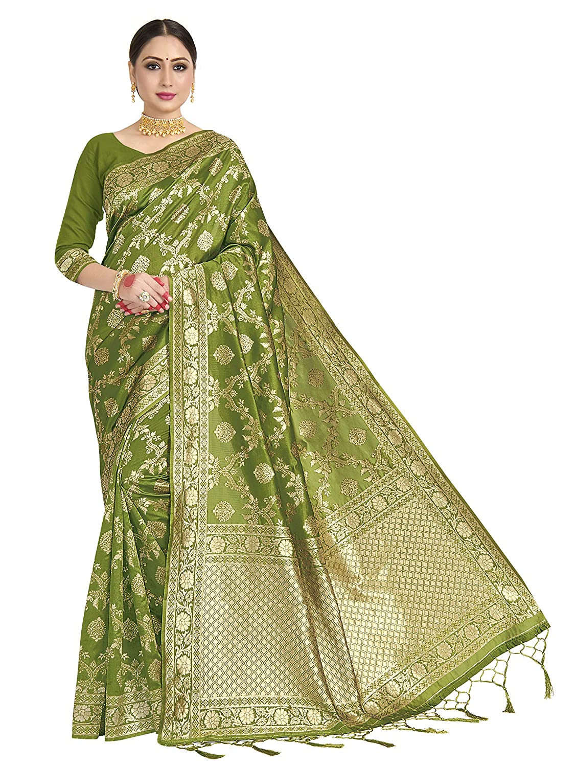 Vardha Women's Olive Green Banarasi Art Silk Saree | Grab2Buy