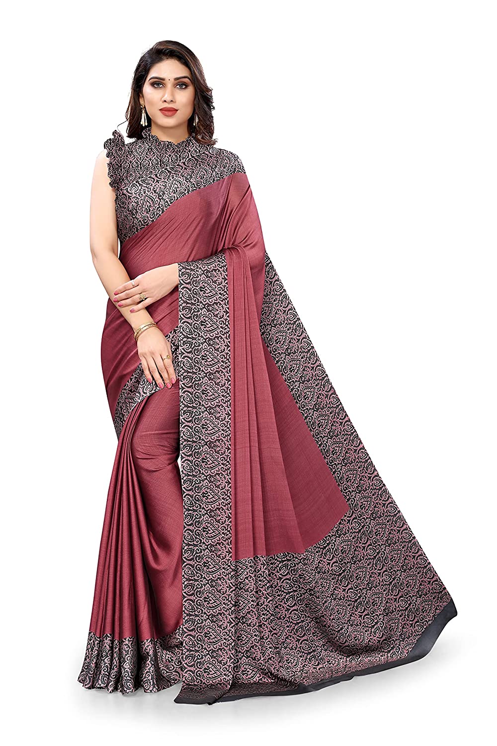 Mirchi Fashion Women's Pink & Black Printed Chiffon Saree | Grab2Buy