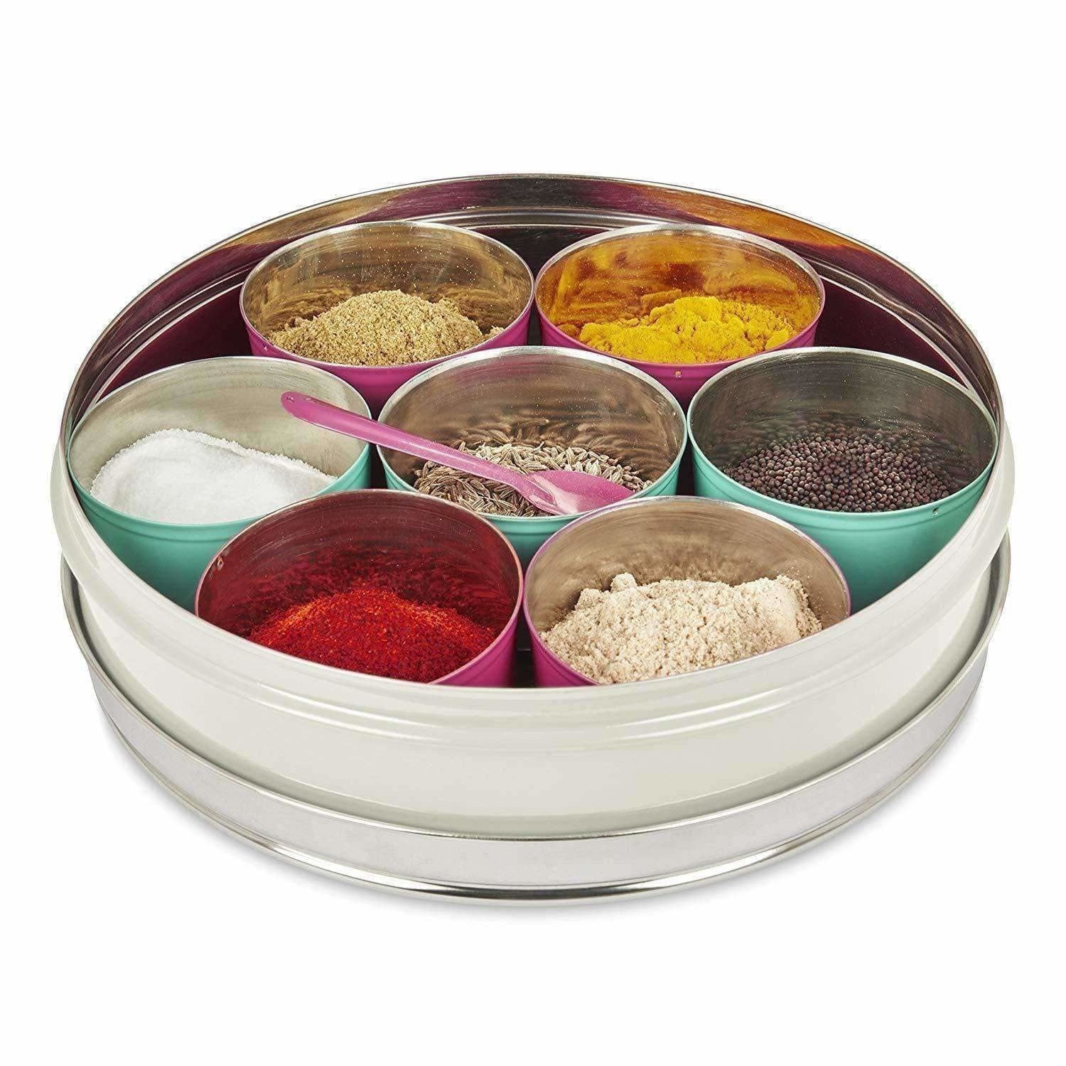 Stainless Steel Made Masala Box Spice Box Masala Dabba Container With Glass Lid 7 Compartments With 1 Spoon | Grab2Buy