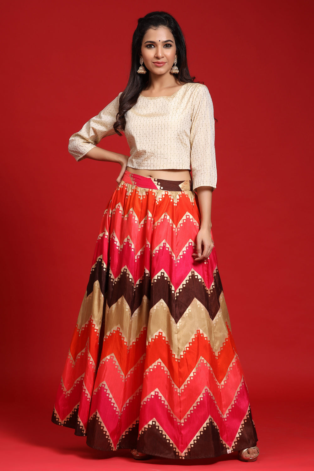 Juniper Women`s Coral Silk Crepe Printed Flared Lehenga Choli Sets | Grab2Buy
