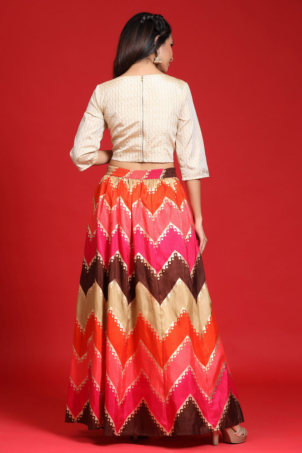 Juniper Women`s Coral Silk Crepe Printed Flared Lehenga Choli Sets | Grab2Buy