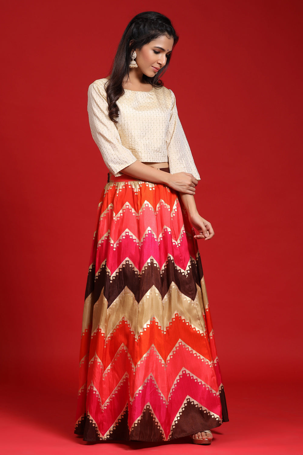 Juniper Women`s Coral Silk Crepe Printed Flared Lehenga Choli Sets | Grab2Buy