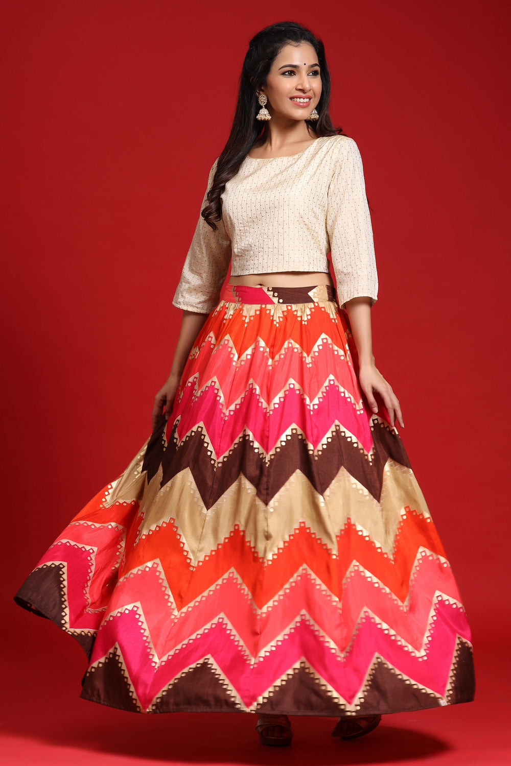 Juniper Women`s Coral Silk Crepe Printed Flared Lehenga Choli Sets | Grab2Buy