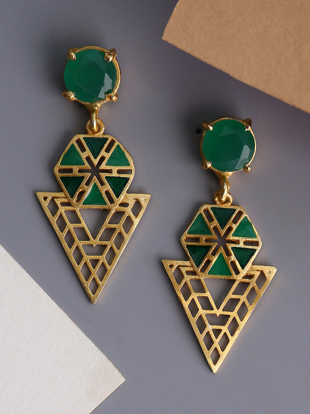 Shoshaa Green Gold-Polished Enamelled Contemporary Drop Earrings | Grab2Buy