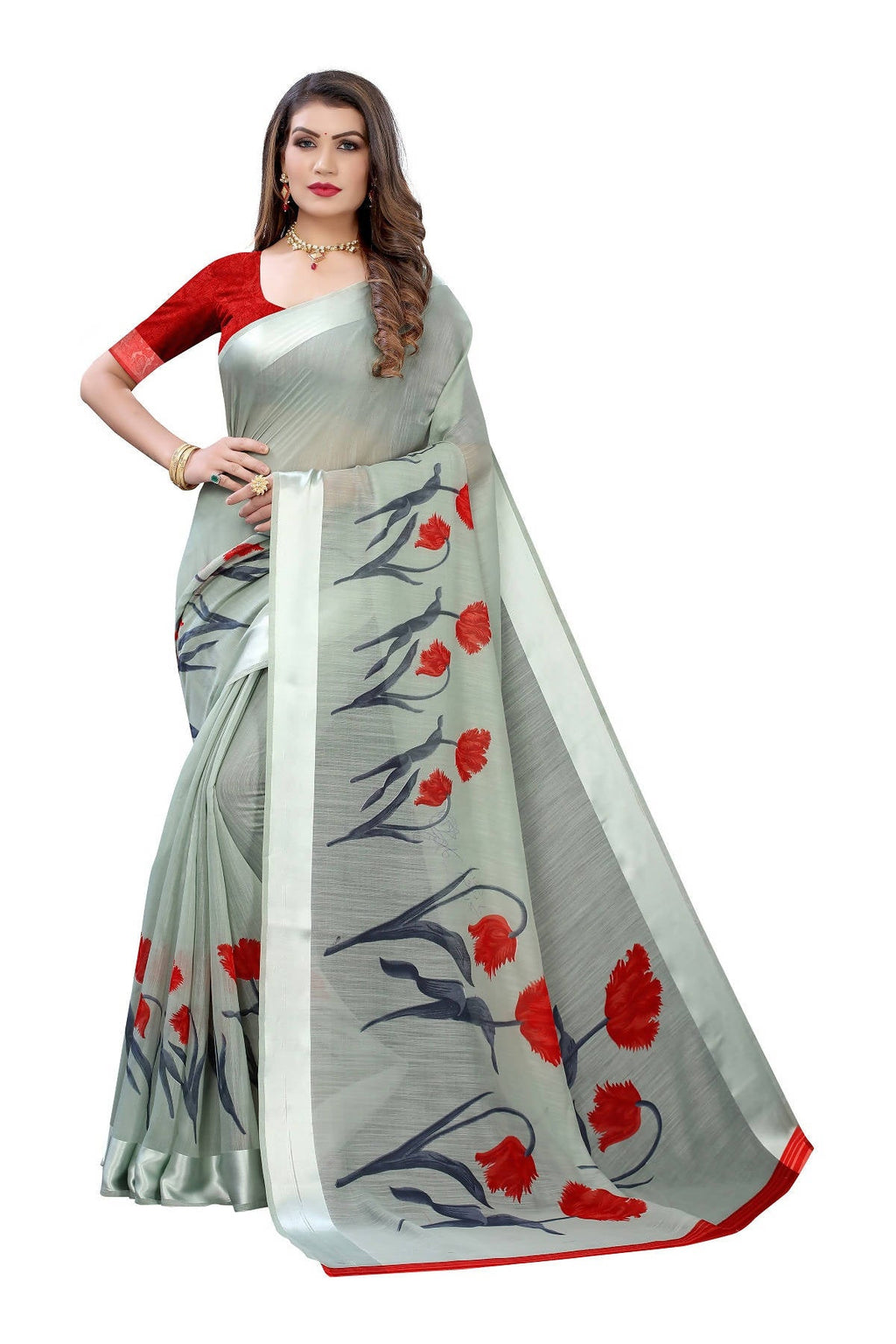 Vamika Sea Green Linen Satin Patta Saree (VANI GREEN) | Grab2Buy