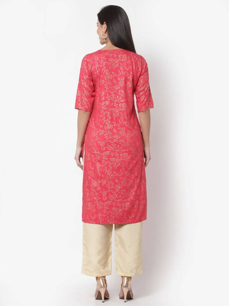 Myshka Women's Pink Rayon Printed Regular Sleeves Round Neck Casual Kurta | Grab2Buy