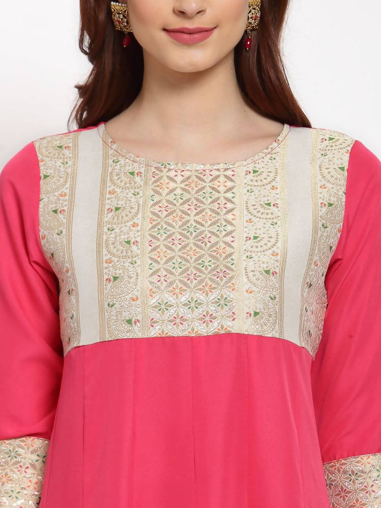 Myshka Women's Pink Solid Rayon 3/4 Sleeve Round Neck Casual Anarkali Kurta Dupatta Set | Grab2Buy
