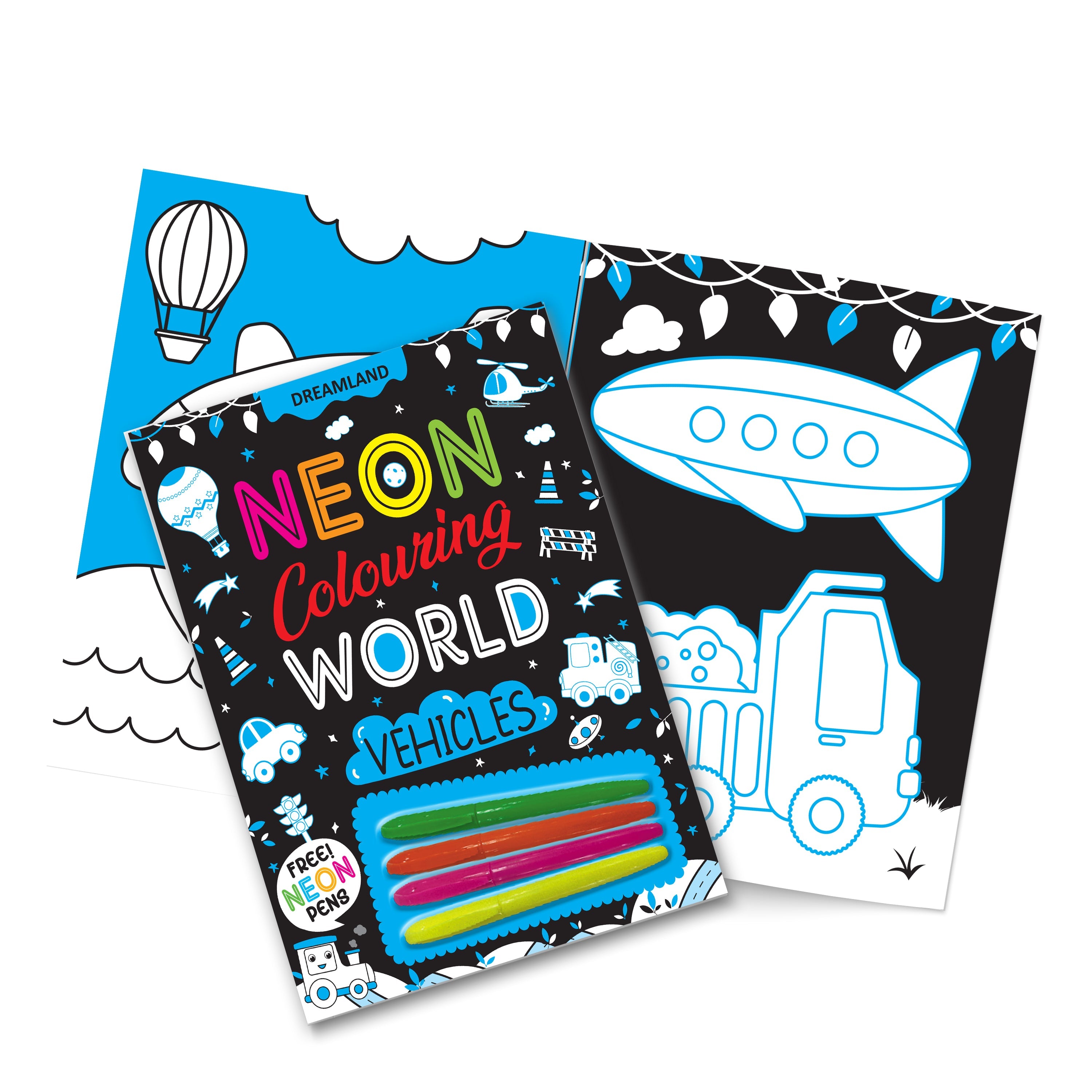 Dreamland Publications Vehicles Neon Colouring World Book for Kids Age 4 - 7 years with Neon Pens | Grab2Buy
