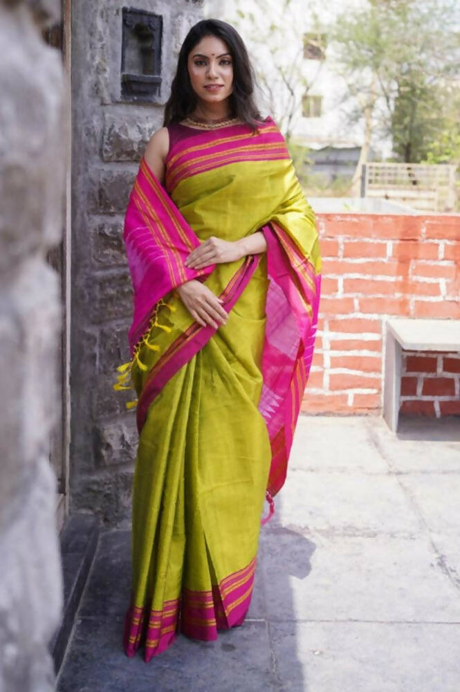 Very Much Indian Handloom Cotton Viscose Ilkal Saree - Bright Green | Grab2Buy