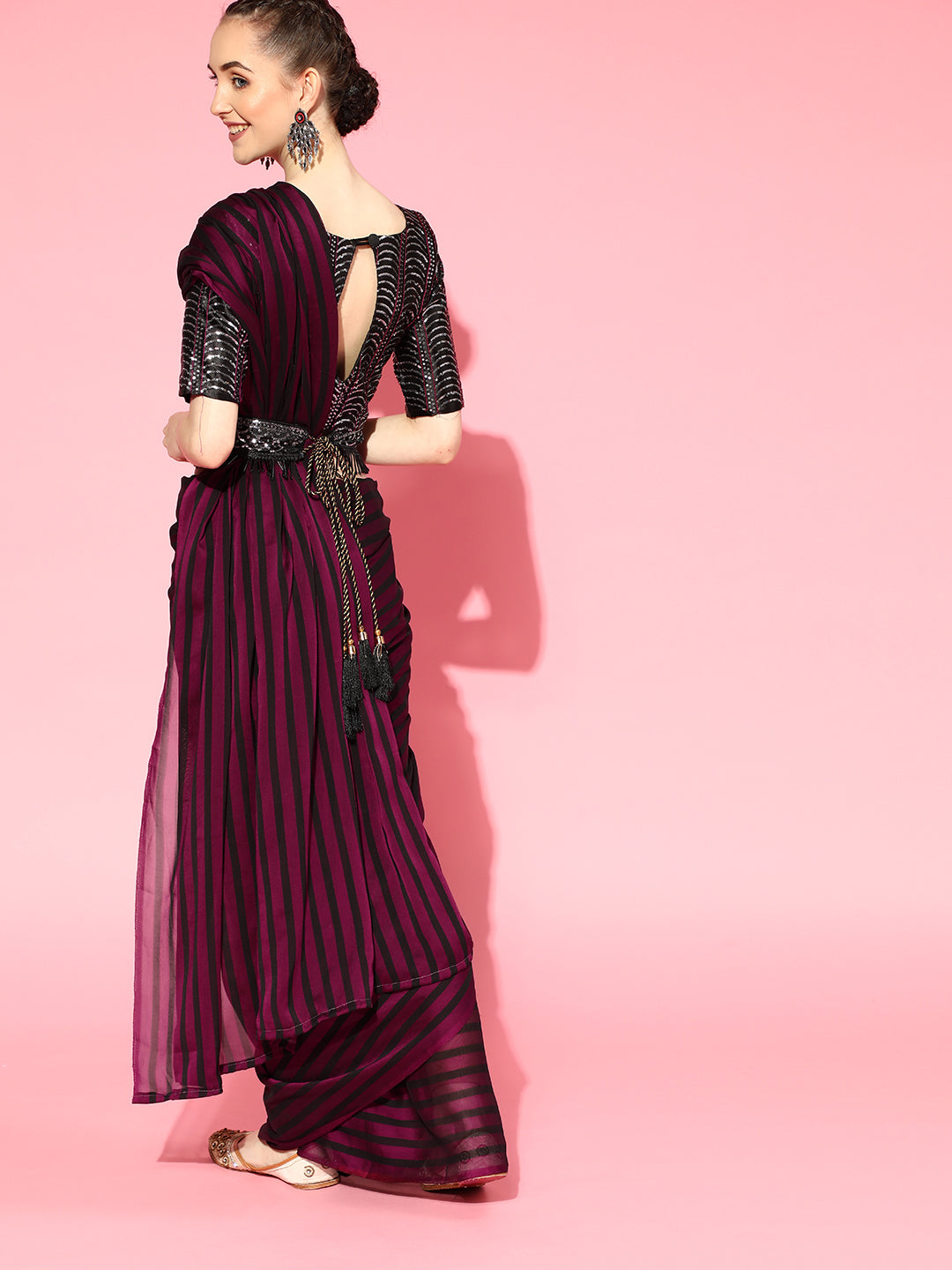 Saree Mall Burgundy Striped Poly Georgette Party Wear Saree with Matching Blouse | Grab2Buy