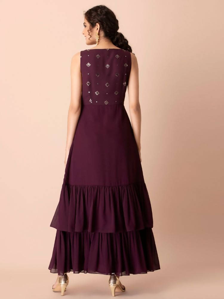 Indya Women Purple & Gold-Toned Embellished Ruffled High Slit Kurta | Grab2Buy