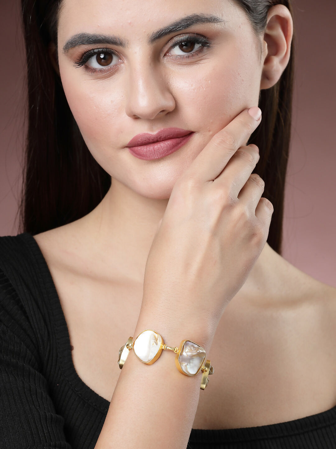 NVR Women's Gold-Polished Handcrafted Mother of Pearl Link Bracelet | Grab2Buy