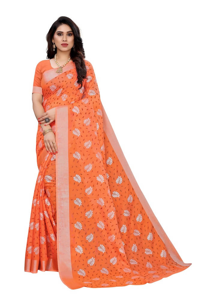 Vamika Orange Color Linen Zari Border Saree | Grab2Buy