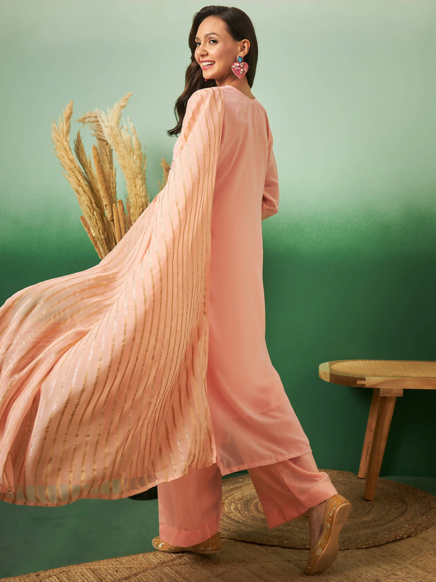 Peach Georgette Handwork Unstitched Dress Material - Hanika | Grab2Buy