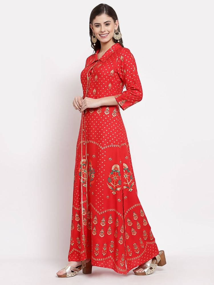 Myshka Women's Red Cotton Printed 3/4 Sleeve Collar Neck Casual Anarkali Kurta | Grab2Buy