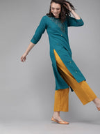 Yufta Women Teal Blue Embroidered straight Kurta | Grab2Buy